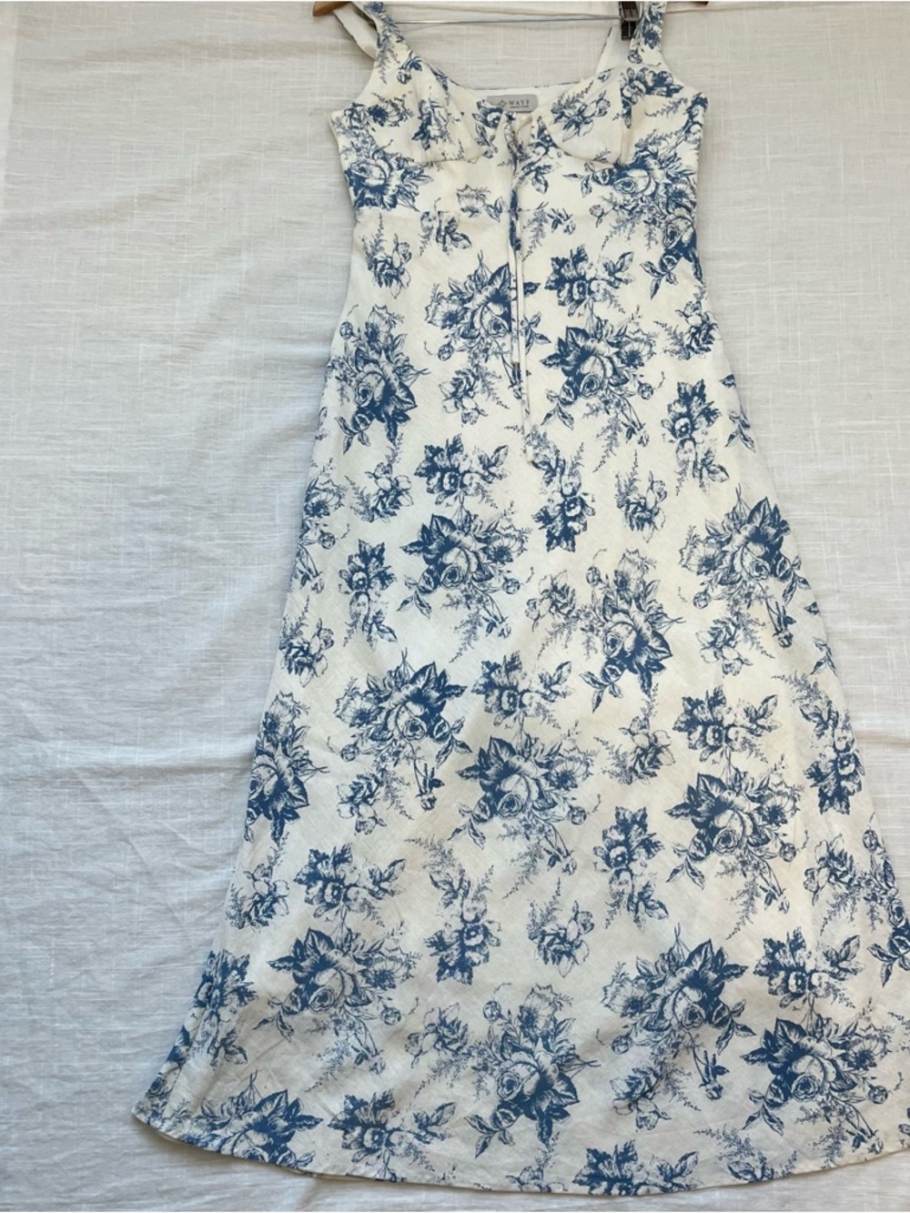 Wayf Blue and cream Floral Linen Blend Midi Dress